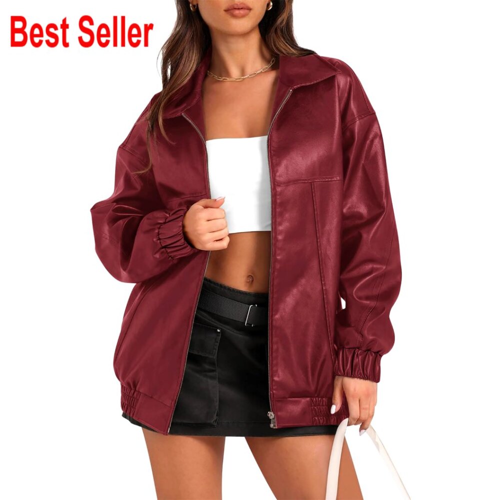 Oversized Faux Leather Bomber Jacket, Zip Up Motorcycle Style, S-XXL
